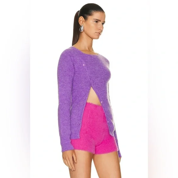 Jacquemus La Maille Pau Purple Alpaca Wool Asymmetrical Button Sweater Size 38 - Picture 2 of 11